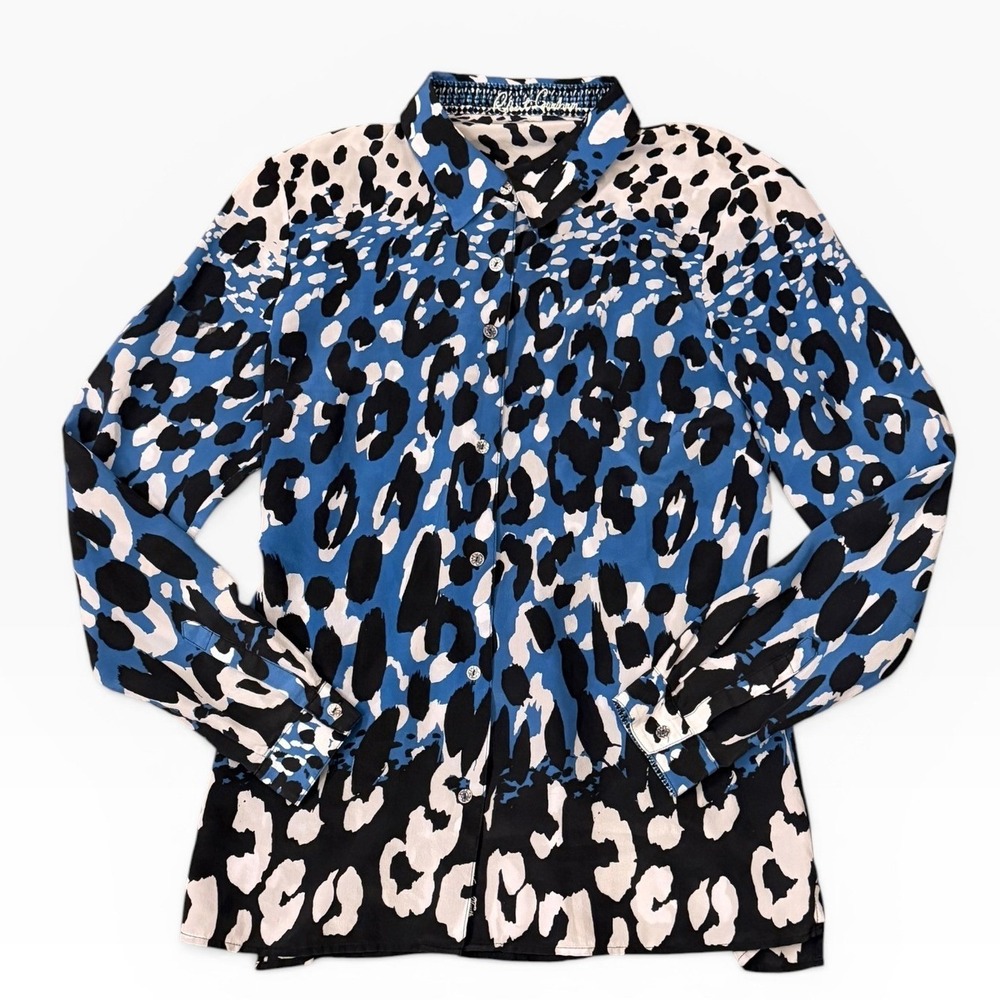 Robert Grahm Blue Leopard Animal Print 100% Silk Button Down Blouse Shirt XS EUC